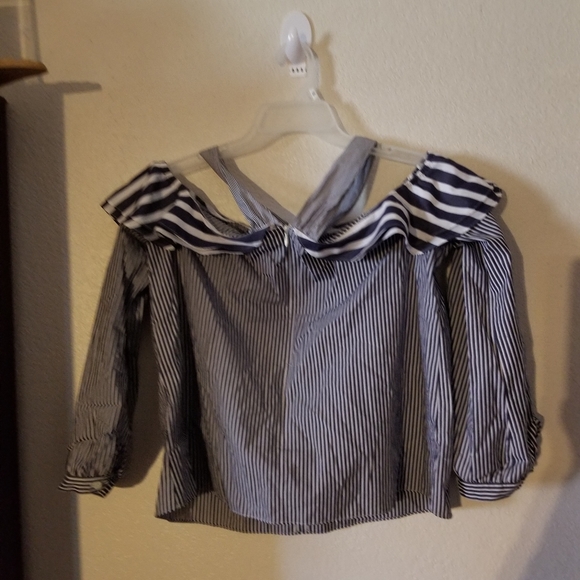 J. Crew Off The Shoulder Cropped Blue White Nautical Blouse - Picture 9 of 10